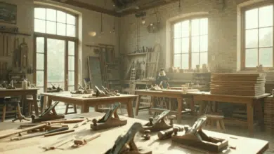 Un laboratorio di falegnameria artigianale pieno di utensili d'epoca per la lavorazione del legno e materiali grezzi sparsi su robusti banchi da lavoro.